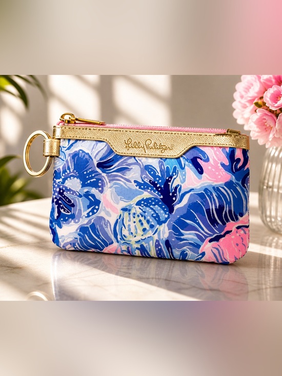Lilly Pulitzer Handbags - 💛Lilly Pulitzer Floral Key Card Pouch in Pink, Blue & Purple with Gold Trim